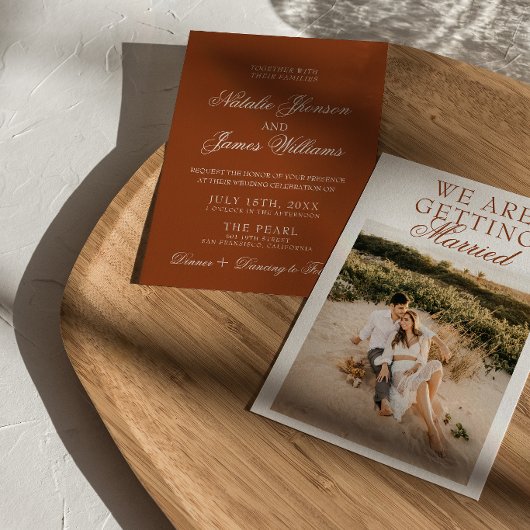 クラシックなバーントオレンジ ボーホー シック テラコッタ ウェディング 招待状