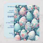クラシックなパステルピンクとブルーとホワイトのイラスト卵 招待状 (正面/裏面)