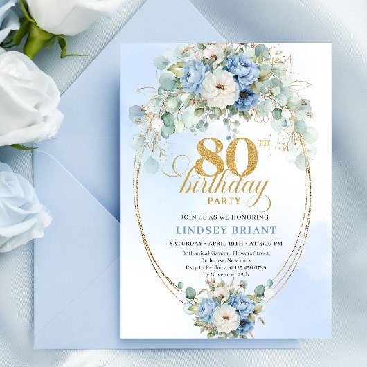 クラシックなパステルブルーの芍薬とグリーンが美しい80歳の誕生日 招待状