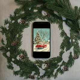 クラシックなビンテージの赤い車のクリスマスツリーヴィレッジ シーズンカード
