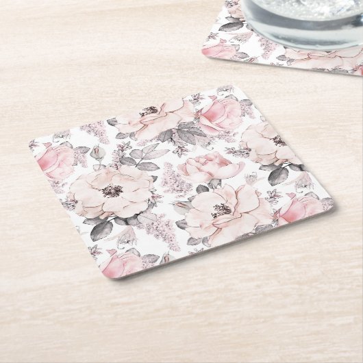 クラシックなピンク及び灰色パターン スクエアペーパーコースター (アングル)