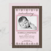 クラシックなピンストライプのピンク 5x7" 出生のお知らせ 案内状 (正面/裏面)