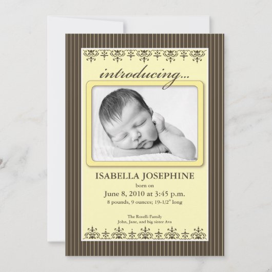 クラシックなピンストライプのレモン 5x7” 出生発表 案内状 (正面)