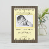 クラシックなピンストライプのレモン 5x7” 出生発表 案内状 (スタンド正面)