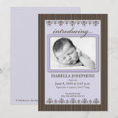 クラシックなピンストライプ ライラック 5x7" 出生発表 案内状 (正面/裏面)