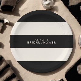クラシックなブラックとエクルーレのストライプ柄のブライズシャワー ペーパープレート