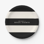 クラシックなブラックとエクルーレのストライプ柄のブライズシャワー ペーパープレート (正面)