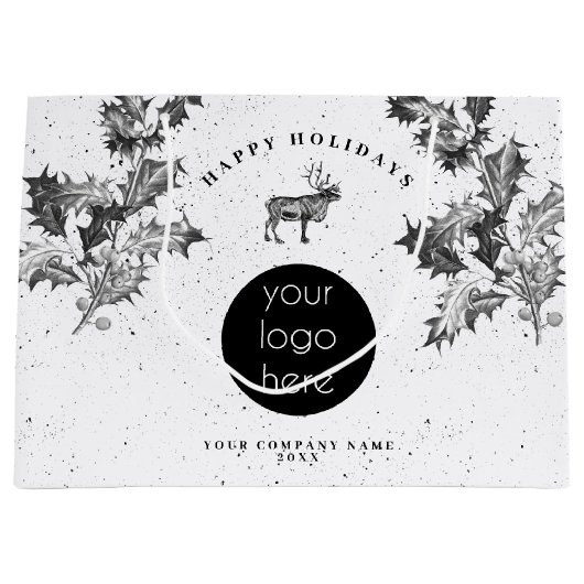 クラシックなブラックホワイトのホリデービジネスロゴクリスマス ラージペーパーバッグ (正面)