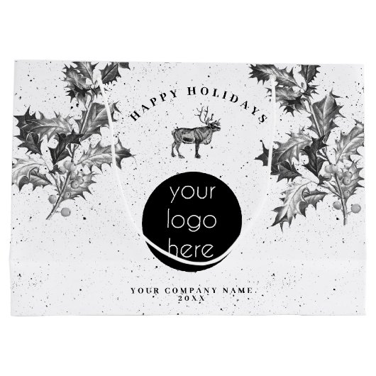 クラシックなブラックホワイトのホリデービジネスロゴクリスマス ラージペーパーバッグ (裏面)