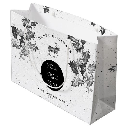 クラシックなブラックホワイトのホリデービジネスロゴクリスマス ラージペーパーバッグ (裏面アングル)