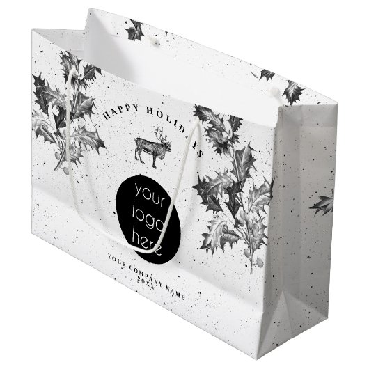 クラシックなブラックホワイトのホリデービジネスロゴクリスマス ラージペーパーバッグ (正面アングル)