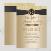 クラシックなブラックリボン ゴールド 50周年 結婚記念日 招待状 (正面/裏面)