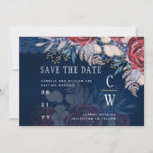 クラシックなブルーバイオレットの花柄レースウェディング セーブザデート (正面)