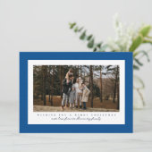 クラシックなヘリンボーン ツイードフレームのシンプルな青い写真 シーズンカード (スタンド正面)