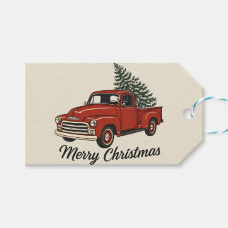 クラシックなホリデーシーズンの懐かしさあふれるビンテージ風デザインのクリスマスツリーと赤いトラック ギフトタグ