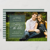 クラシックなホワイトとグリーンのエレガントなスクリプト結婚式 セーブザデート (正面/裏面)