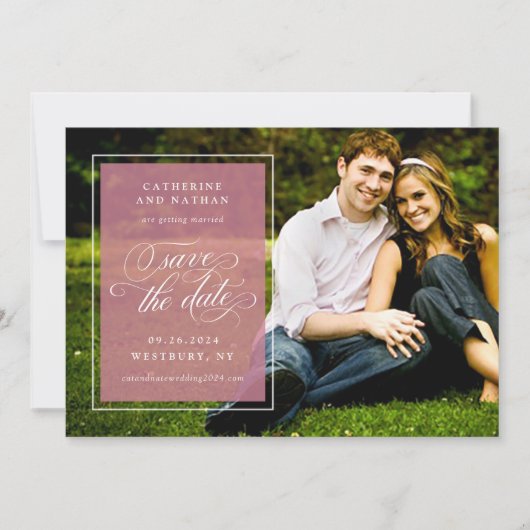 クラシックなホワイトとピンクのエレガントなスクリプトウェディング セーブザデート (正面)