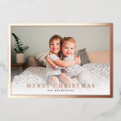 クラシックなボーダー写真のクリスマス ローズゴールド フォイル カード (正面)