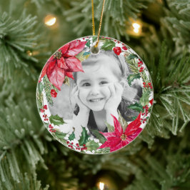 クラシックなポインセチアの楽しいクリスマスの写真 セラミックオーナメント