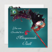クラシックなマーディ・グラ・マスクボールマスク 青と白 招待状 (正面/裏面)