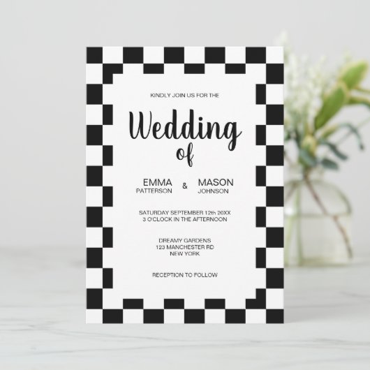 クラシックなモノクロタイルのフレーム 招待状 (スタンド正面)