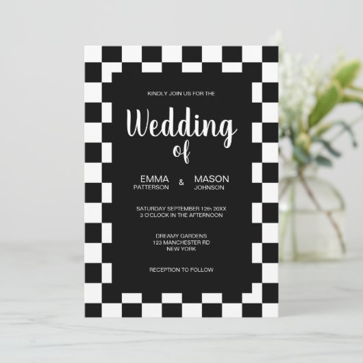 クラシックなモノクロタイルのフレーム 招待状 (スタンド正面)