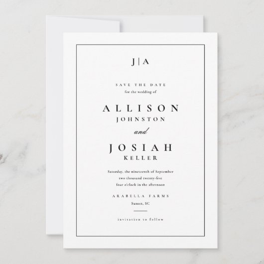 クラシックなモノグラムの結婚式お知らせカード 招待状 (正面)