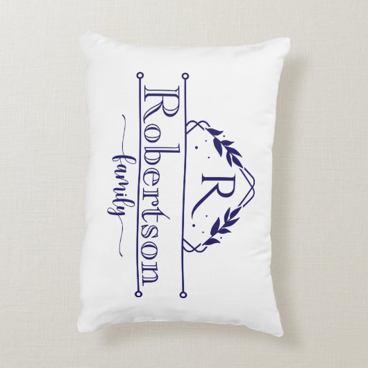 クラシックなモノグラム ファミリー ネーム ネイビー フレーム アクセントクッション (裏面(縦))