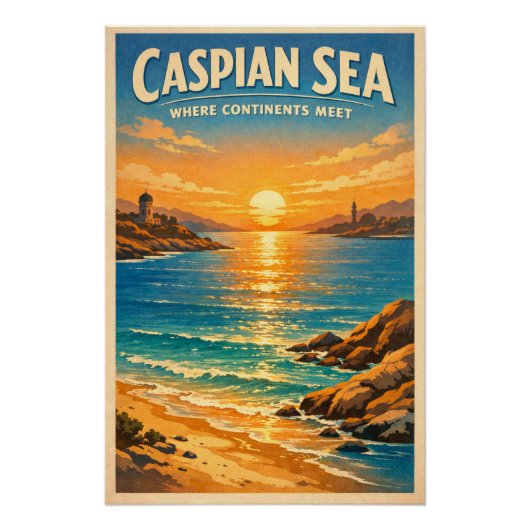 クラシックなレトロな旅の雰囲気のカスピ海 ポスター (正面)