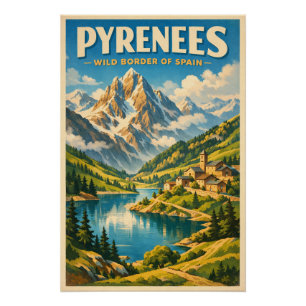 クラシックなレトロな旅行スタイルのピレネー山脈スペイン ポスター