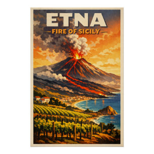 クラシックなレトロ調のイタリアのエトナ山 ポスター