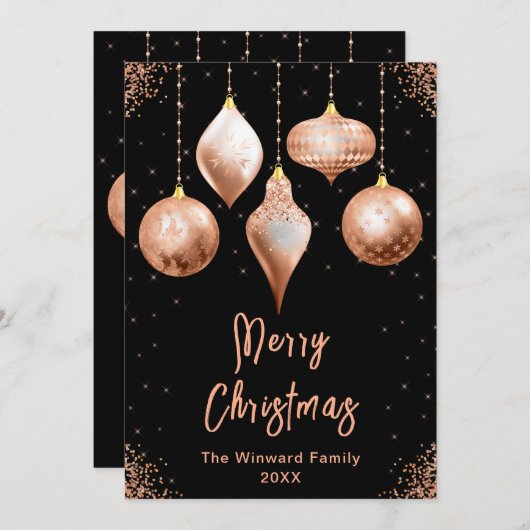 クラシックなローズゴールドのオーナメント メリークリスマス シーズンカード (正面/裏面)