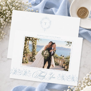 クラシックなヴィンテージのくすんだブルーの結婚式の写真 サンキューカード