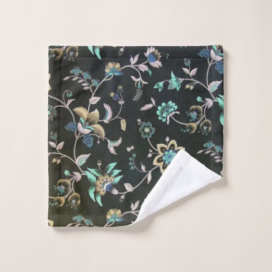 クラシックなヴィンテージのティール（緑がかった色）のピンクの緑のボヘミア人の花柄 バスタオルセット (ウォッシュタオル)