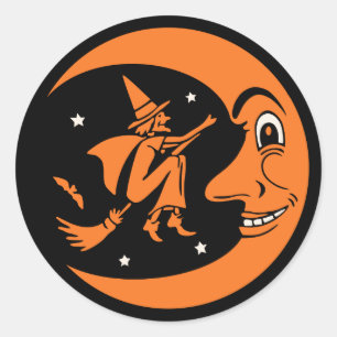 クラシックなヴィンテージのハロウィンの月および魔法使い ラウンドシール