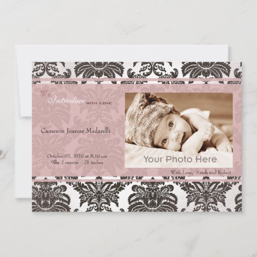 クラシックなヴィンテージのピンクの黒の誕生の発表 案内状 (正面)