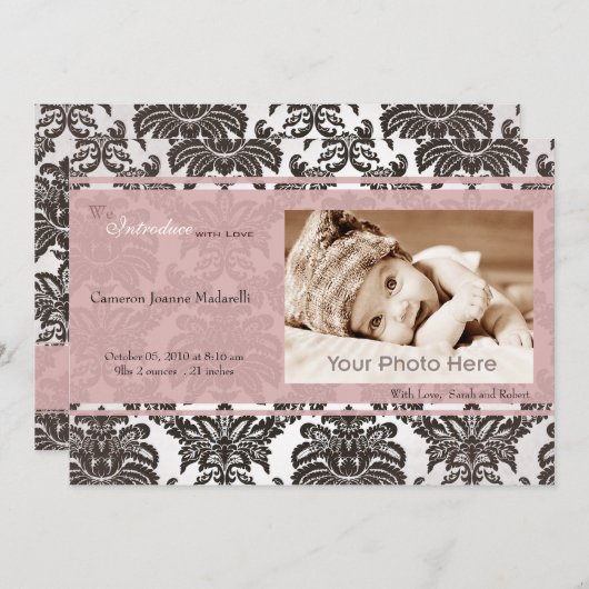 クラシックなヴィンテージのピンクの黒の誕生の発表 案内状 (正面/裏面)