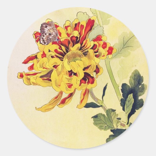 クラシックなヴィンテージのukiyo-eの菊の蝶 ラウンドシール (正面)