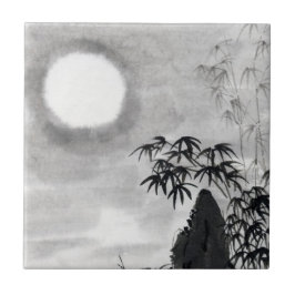 クラシックなヴィンテージ日本夜月の景色のsumi-e タイル