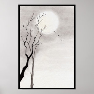 クラシックなヴィンテージ日本夜月の景色のsumi-e ポスター