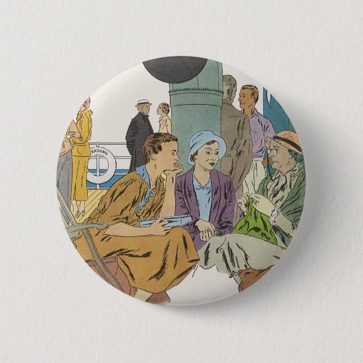 クラシックな休暇、乗客がクルーズ船のデッキで過ごす時間 缶バッジ (正面)