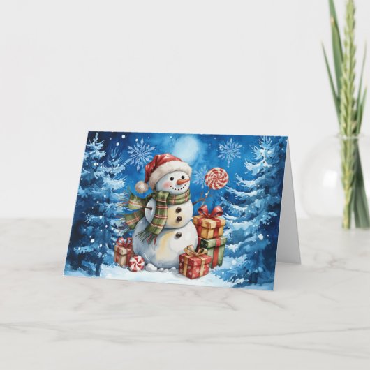 クラシックな冬の青いクリスマススノーマン シーズンカード (正面)