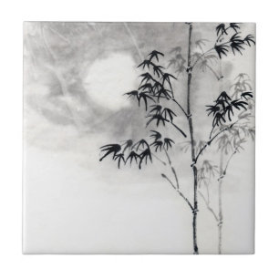クラシックな日本のsumi-eの絵画の芸術のタケの月 タイル