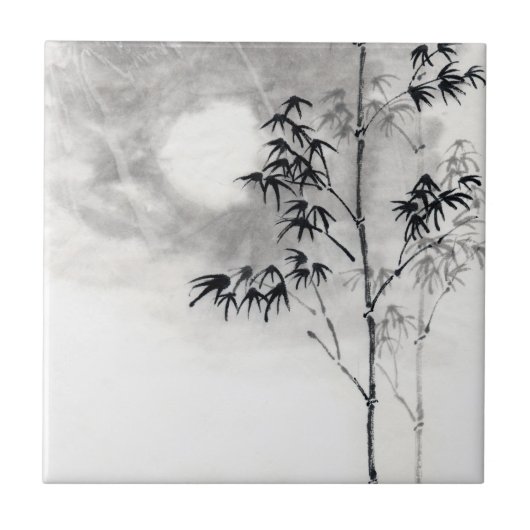 クラシックな日本のsumi-eの絵画の芸術のタケの月 タイル (正面)