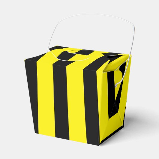 クラシックな明るい黄色と黒のストライプの持ち帰り容器 フェイバーボックス (正面サイド)