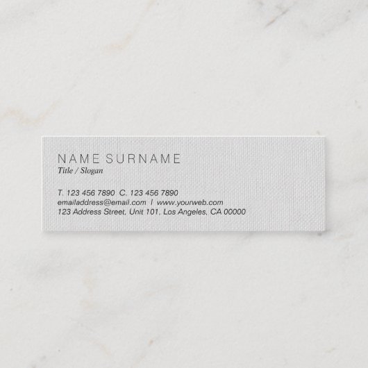クラシックな最小主義の灰色のリネン背景の美しい スキニー名刺 (裏面)