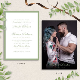 クラシックな本物のセージグリーンのカリグラフィーと写真の結婚式 招待状