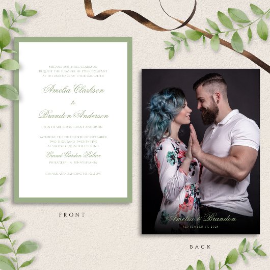 クラシックな本物のセージグリーンのカリグラフィーと写真の結婚式 招待状
