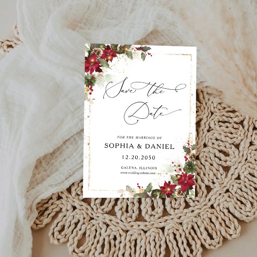 クラシックな松とポインセチアの花のクリスマス セーブザデート