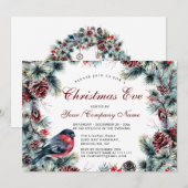 クラシックな松ぼっくりリースと赤い鳥のクリスマスイブ 招待状 (正面/裏面)